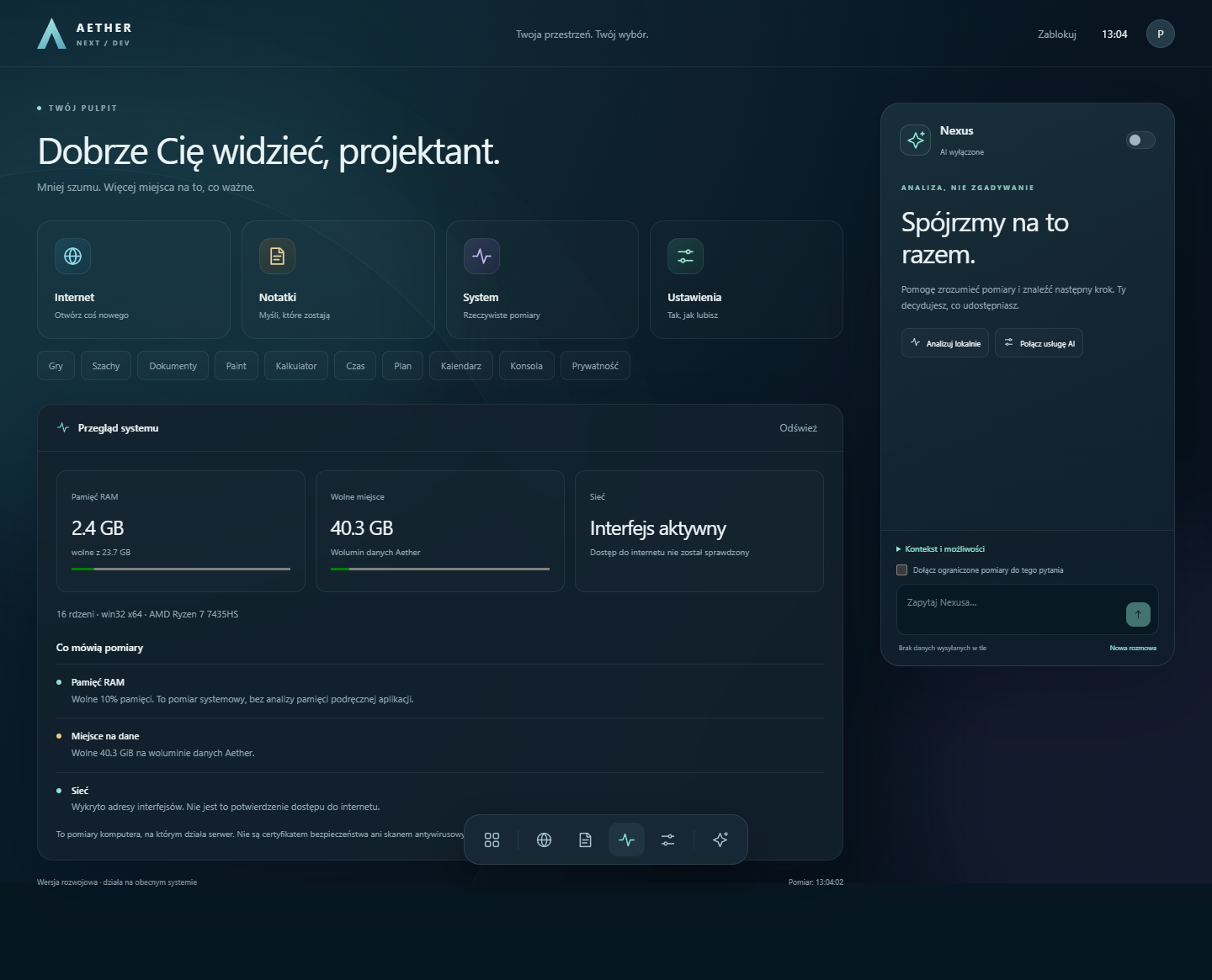 Rzeczywisty podgląd prototypu pulpitu Aether z aplikacjami i Nexusem